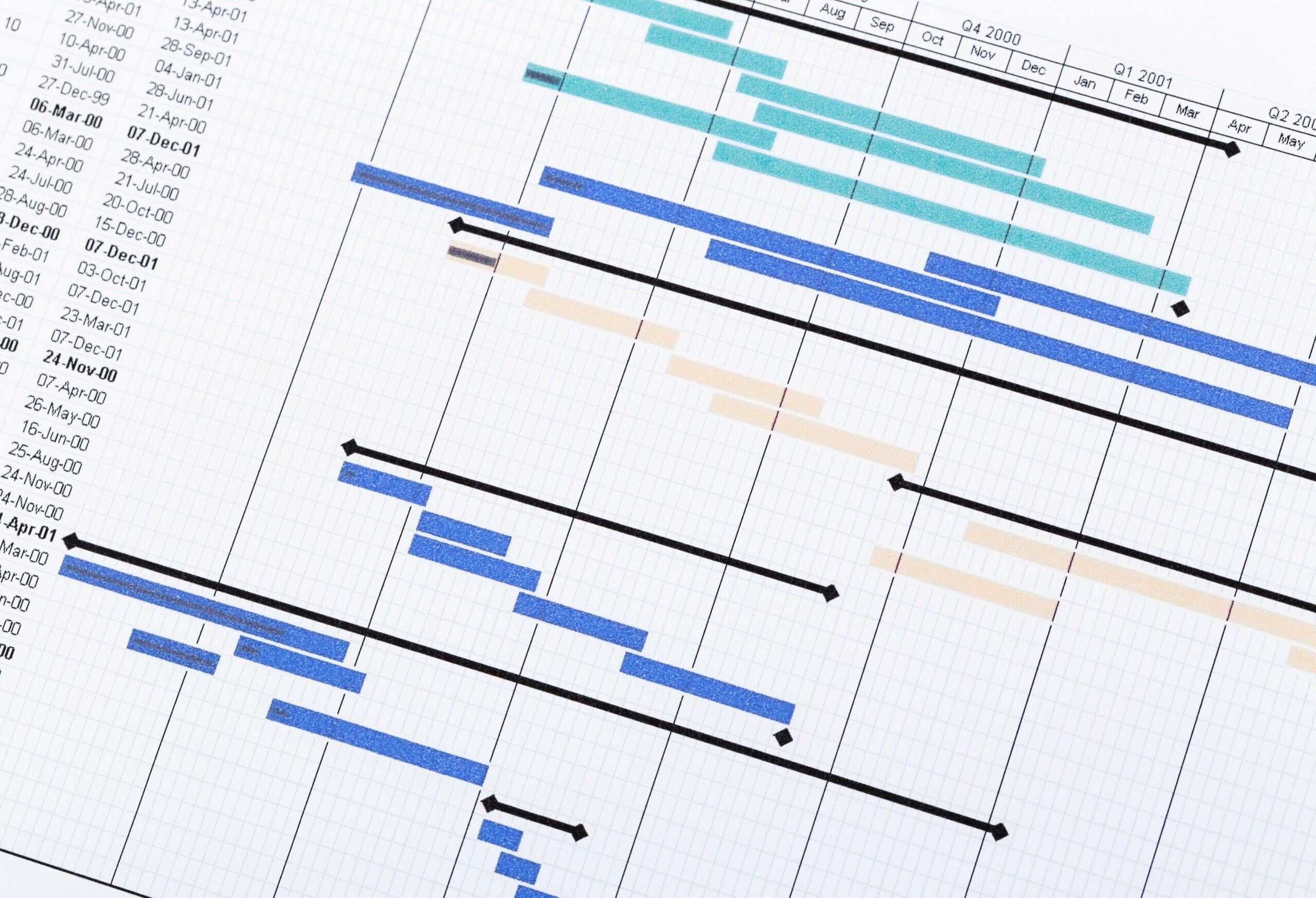 A Gantt chart displays project tasks with color-coded bars, showing timelines and dependencies across multiple months and phases.