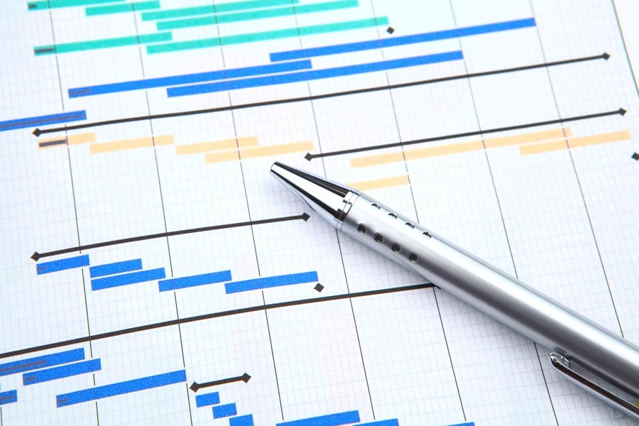 A close-up of a Gantt chart with a silver pen resting on it, displaying colored bars representing project timelines and tasks. 