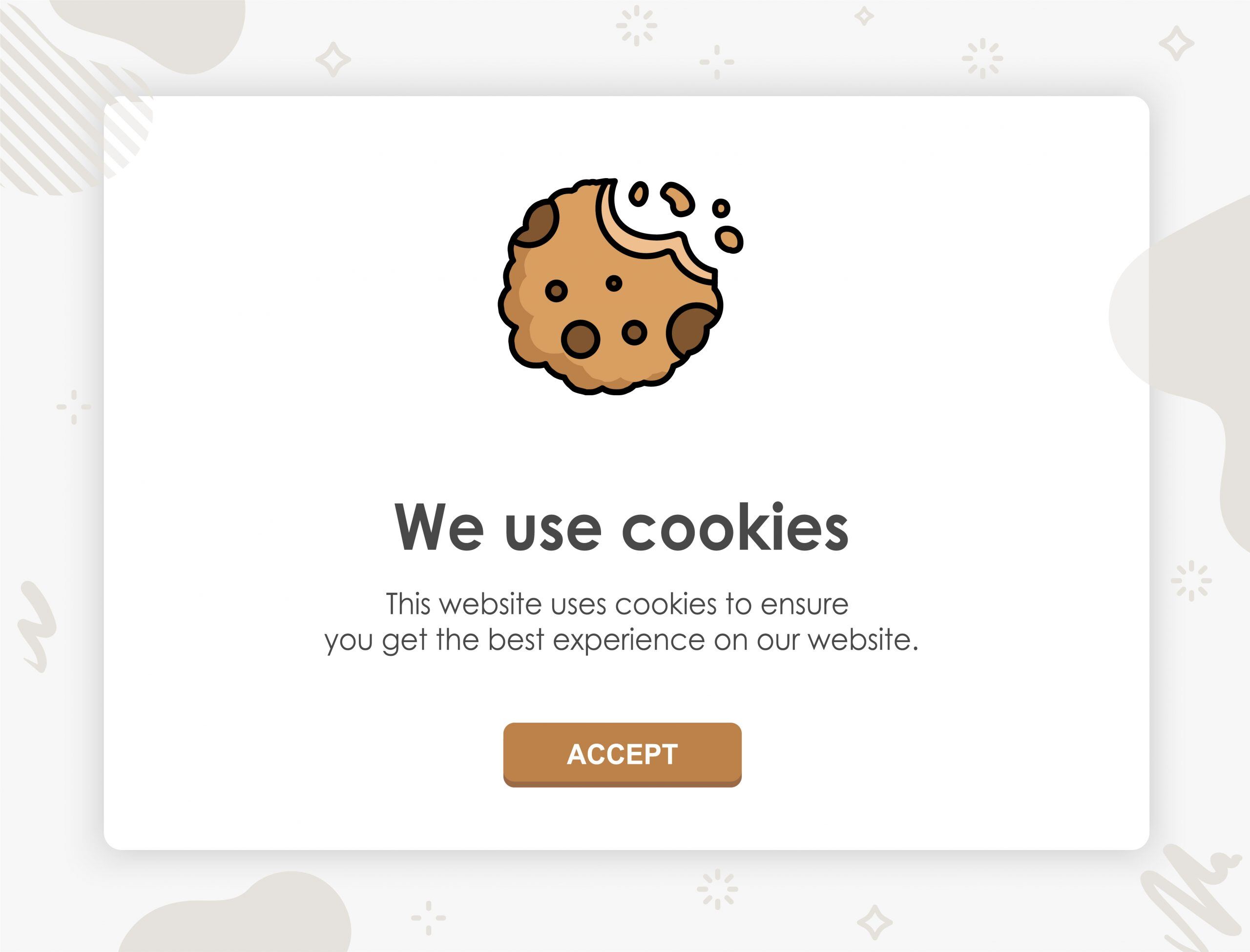 A cookie consent pop-up with a cookie icon reads We use cookies and offers an Accept button for agreeing to the use of cookies on the website.