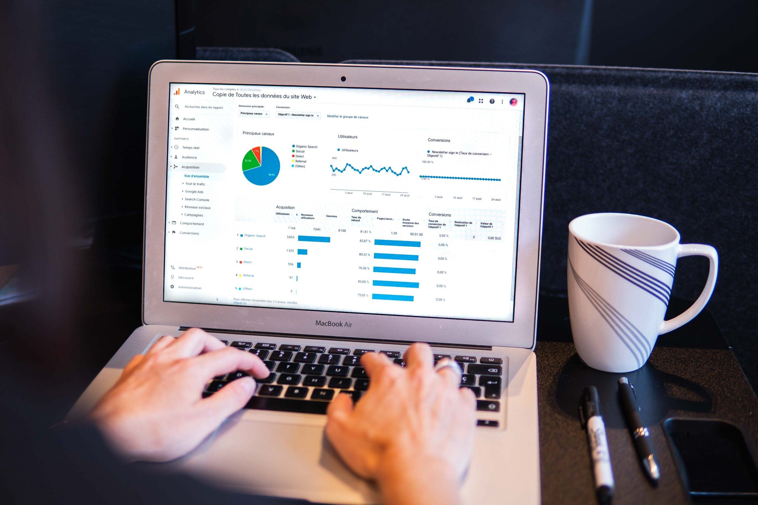 A person analyzing website data on a laptop with charts and graphs displayed on the screen, a coffee mug, and pens nearby.