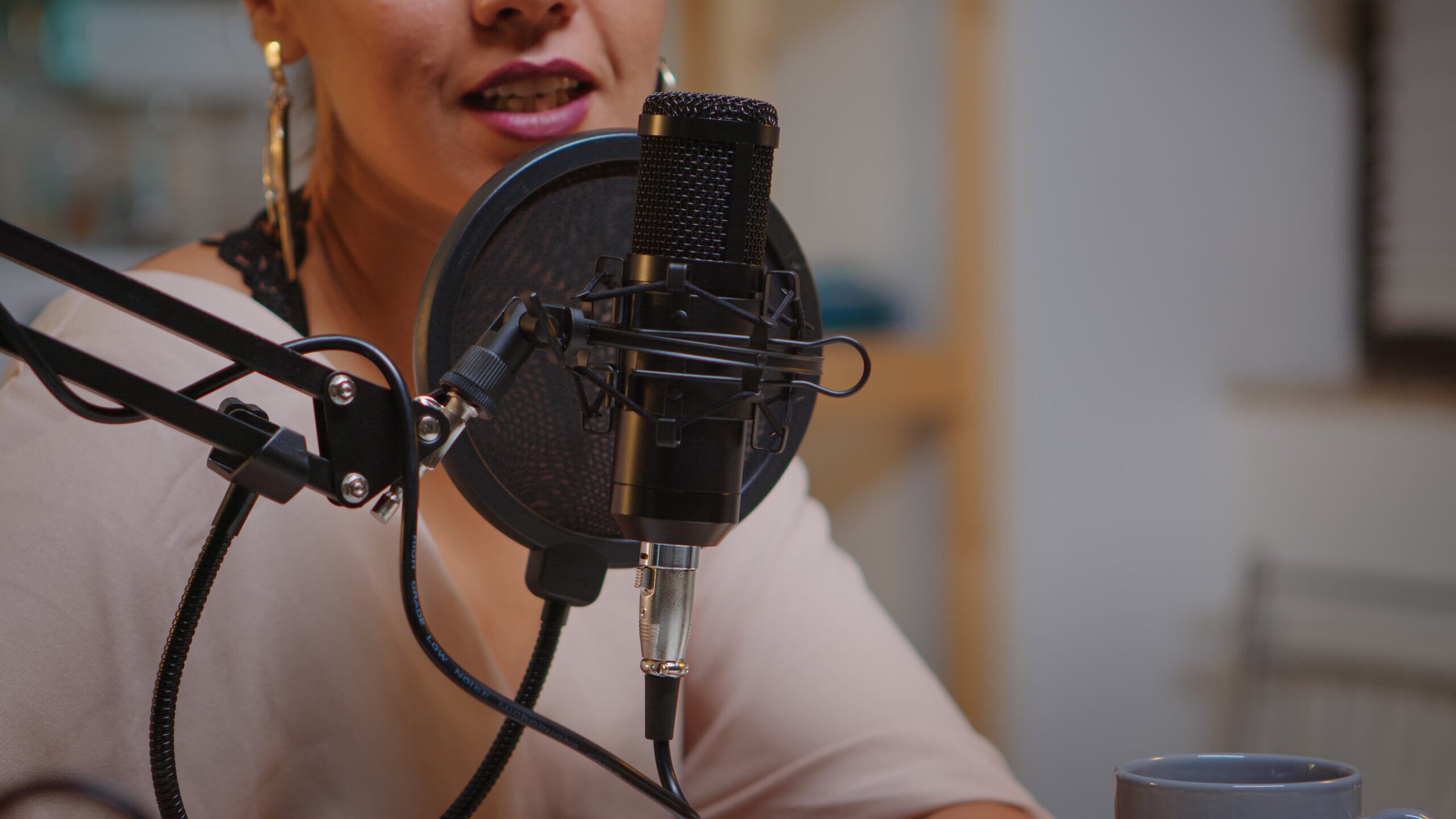 Close-up of a person speaking into a professional microphone, with a pop filter, capturing audio for a podcast or recording session