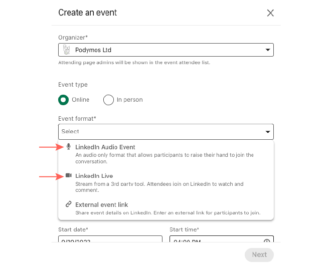 To create your own live event, simply navigate to your homepage and select ‘Events’ on the left-hand side. If you’re eligible to host live events, you will be able to select ‘LinkedIn Live’ or ‘LinkedIn Audio’ as your event format when you select to host an online event. Most company pages are eligible; you just need to have at least 150 followers and a history of following the community guidelines.